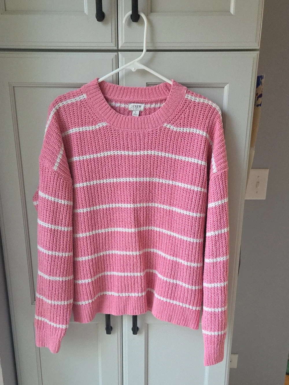 J. Crew Pink Crewneck Sweater with White Stripes